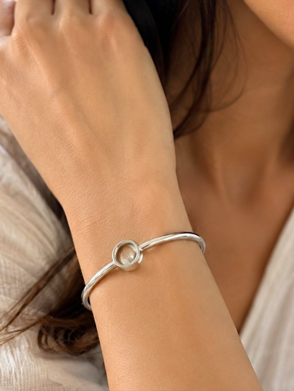 Crystal‎ Floating Charms Locket Bracelet Bangle Silver Tone Modernist Academia.